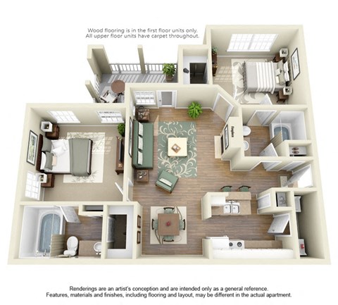 Floor plan for 2 beds, 2 baths, 1007 sqft